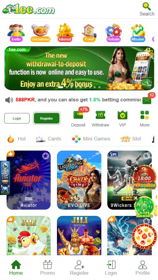 1ee app home lobby with slots and games